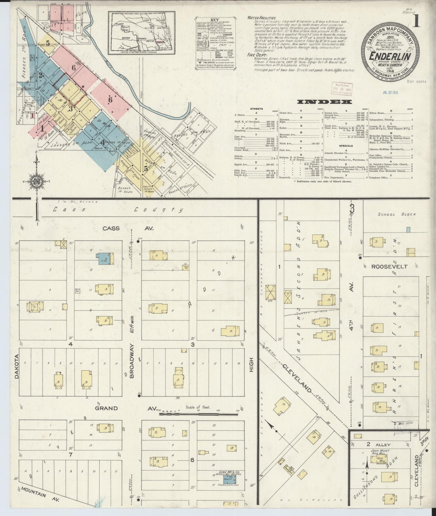 Sanborn Fire Insurance Map from Enderlin, Ransom County, North Dakota (1914), Sheet #0001 - Complete Map Set gallery image, historic Sanborn map, vintage wall art, North Dakota North Dakota