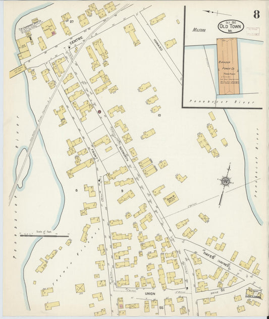 Sanborn Fire Insurance Map from Old Town, Penobscot County, Maine (1912), Sheet #0008 - Historic Sanborn Fire Insurance Map Print, vintage old map wall art, antique decor, genealogy gift, Maine Maine map