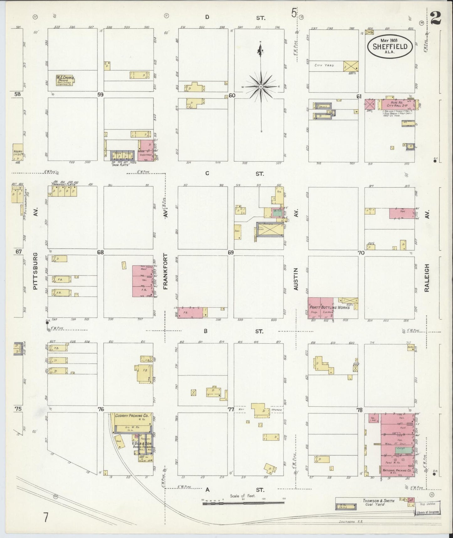 Sanborn Fire Insurance Map from Sheffield, Colbert County, Alabama (1908), Sheet #0002 - Complete Map Set gallery image, historic Sanborn map, vintage wall art, Alabama Alabama