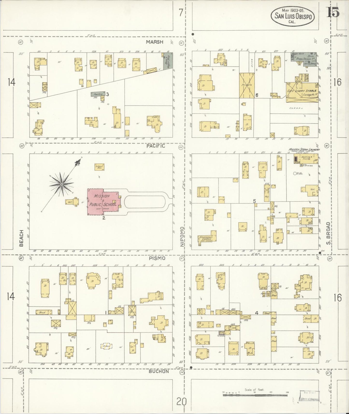 Sanborn Fire Insurance Map from San Luis Obispo, San Luis Obispo County, California (1905), Sheet #0015 - Complete Map Set gallery image, historic Sanborn map, vintage wall art, California California
