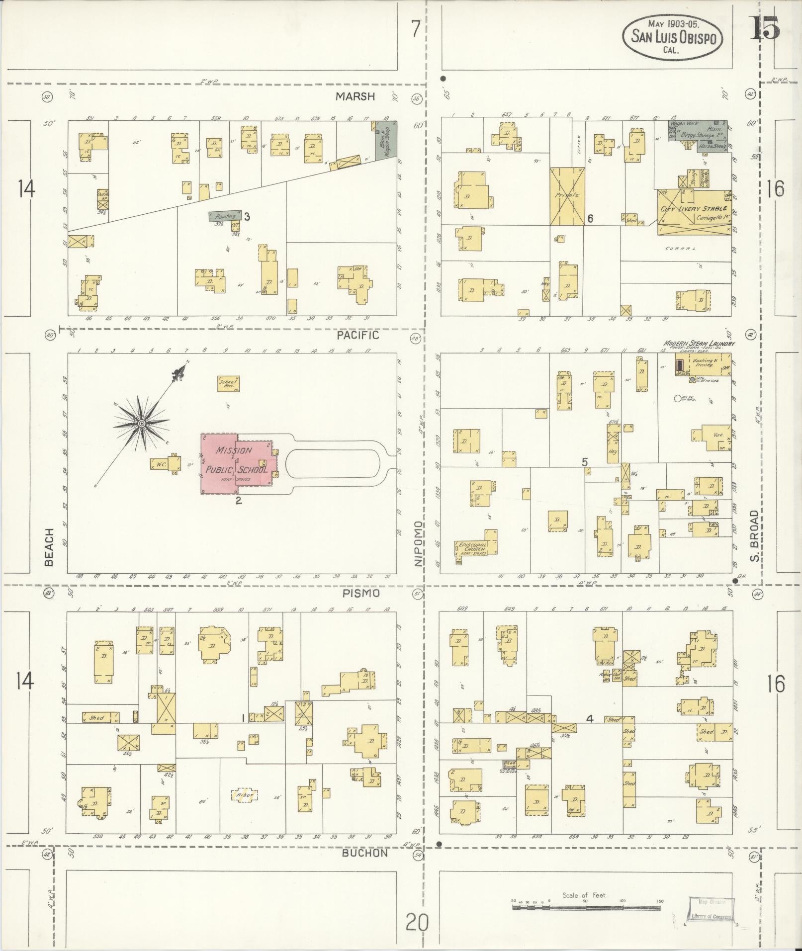 Sanborn Fire Insurance Map from San Luis Obispo, San Luis Obispo County, California (1905), Sheet #0015 - Complete Map Set gallery image, historic Sanborn map, vintage wall art, California California