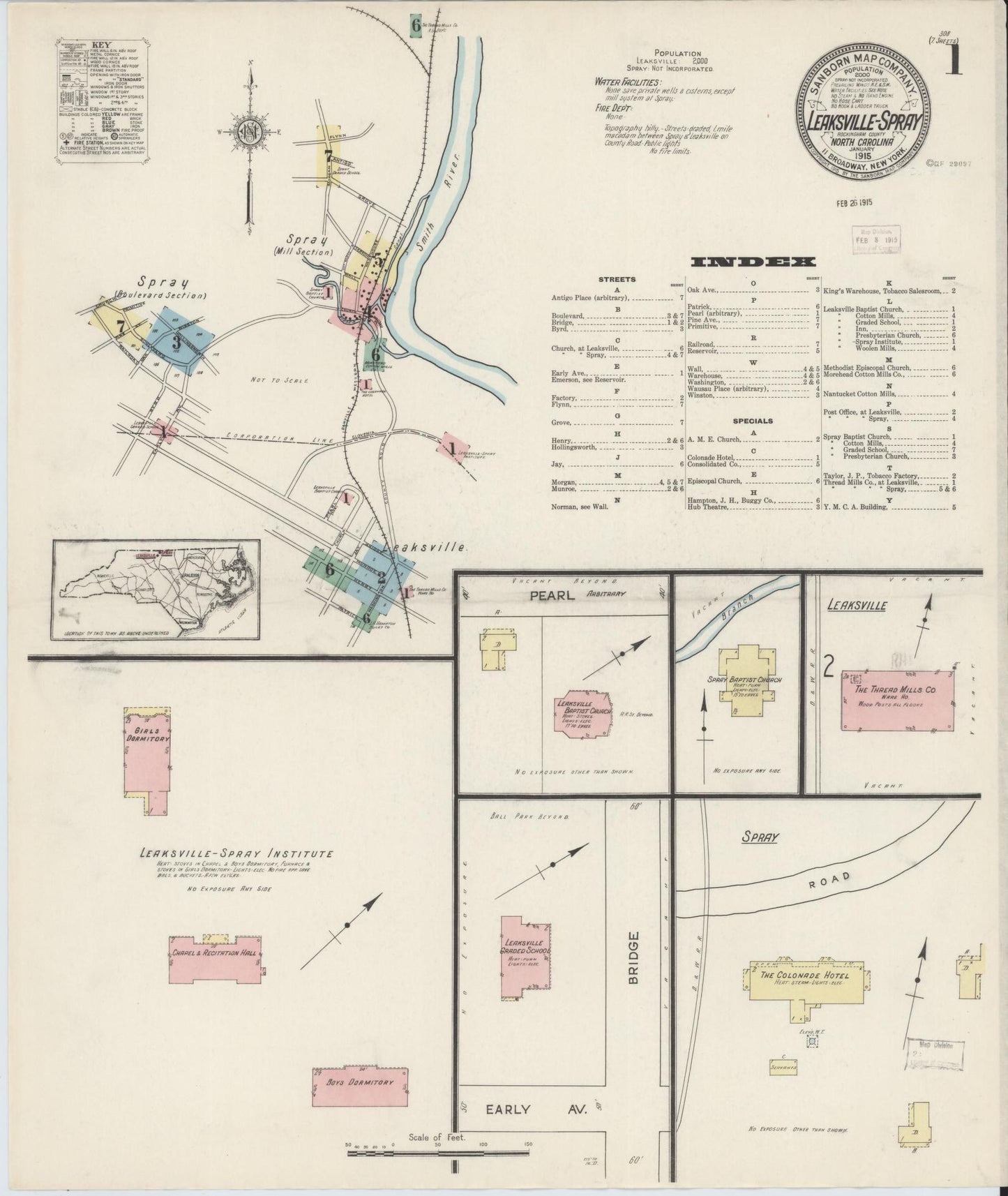 Sanborn Fire Insurance Map from Leaksville-spray, Rockingham County, North Carolina (1915), Sheet #0001 - Complete Map Set gallery image, historic Sanborn map, vintage wall art, North Carolina North Carolina