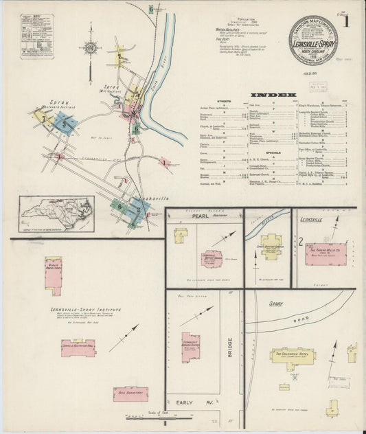 Sanborn Fire Insurance Map from Leaksville-spray, Rockingham County, North Carolina (1915), Sheet #0001 - Complete Map Set gallery image, historic Sanborn map, vintage wall art, North Carolina North Carolina
