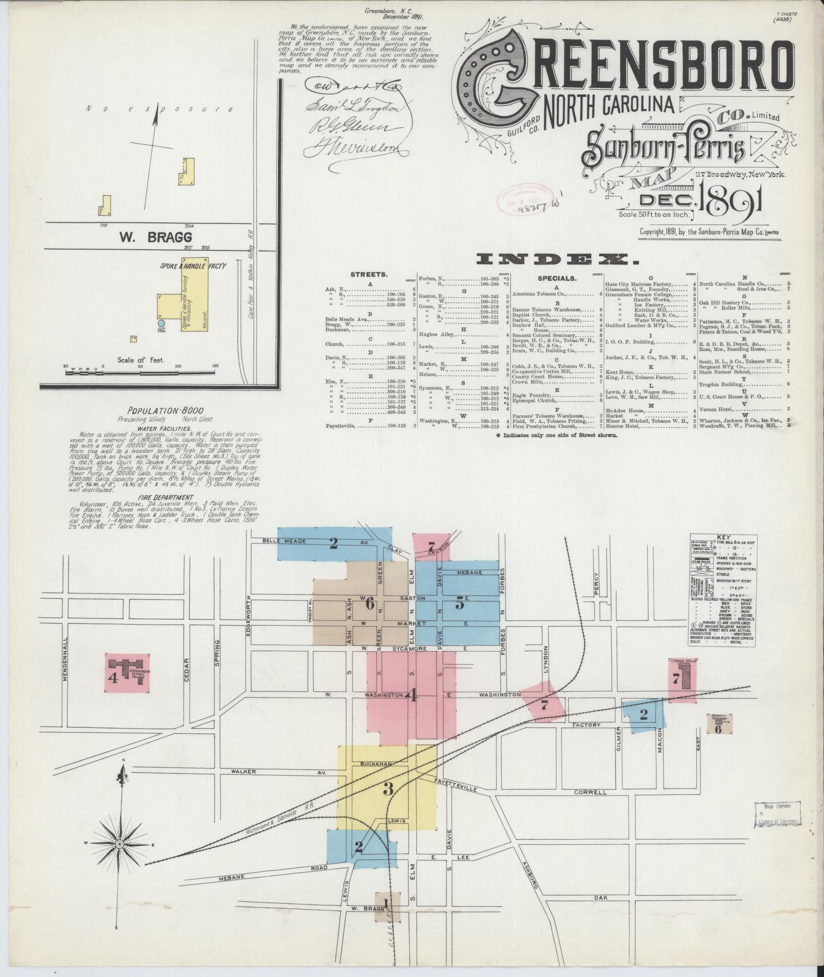 Sanborn Fire Insurance Map from Greensboro, Guilford County, North Carolina (1891), Sheet #0001 - Historic Sanborn Fire Insurance Map Print, vintage old map wall art, antique decor, genealogy gift, North Carolina North Carolina map