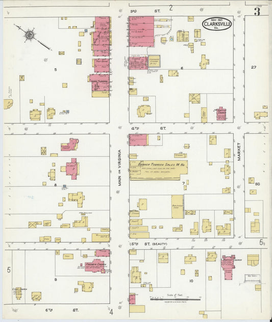 Sanborn Fire Insurance Map from Clarksville, Mecklenburg County, Virginia (1921), Sheet #0003 - Historic Sanborn Fire Insurance Map Print, vintage old map wall art, antique decor, genealogy gift, Virginia Virginia map