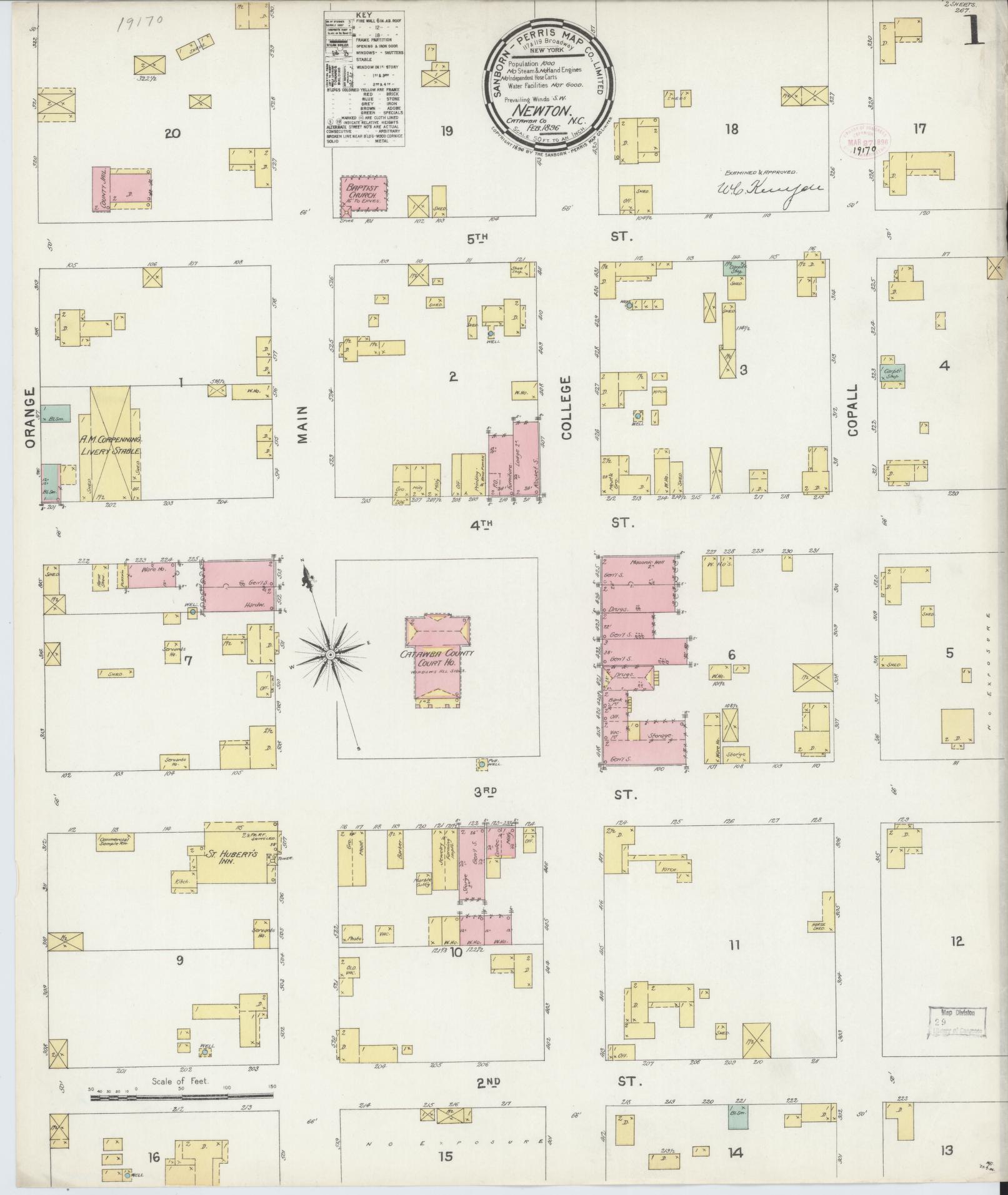 Sanborn Fire Insurance Map from Newton, Catawba County, North Carolina (1896), Sheet #0001 - Historic Sanborn Fire Insurance Map Print, vintage old map wall art, antique decor, genealogy gift, North Carolina North Carolina map
