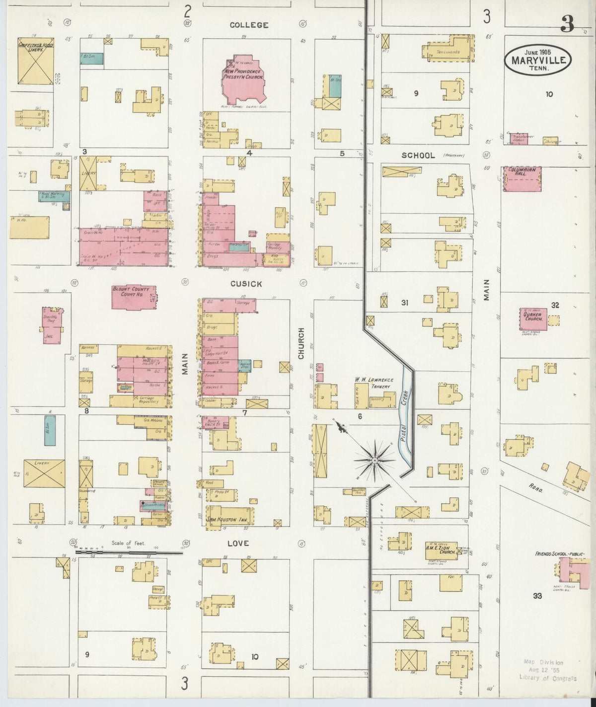 Sanborn Fire Insurance Map from Maryville, Blount County, Tennessee (1905), Sheet #0003 - Complete Map Set gallery image, historic Sanborn map, vintage wall art, Tennessee Tennessee