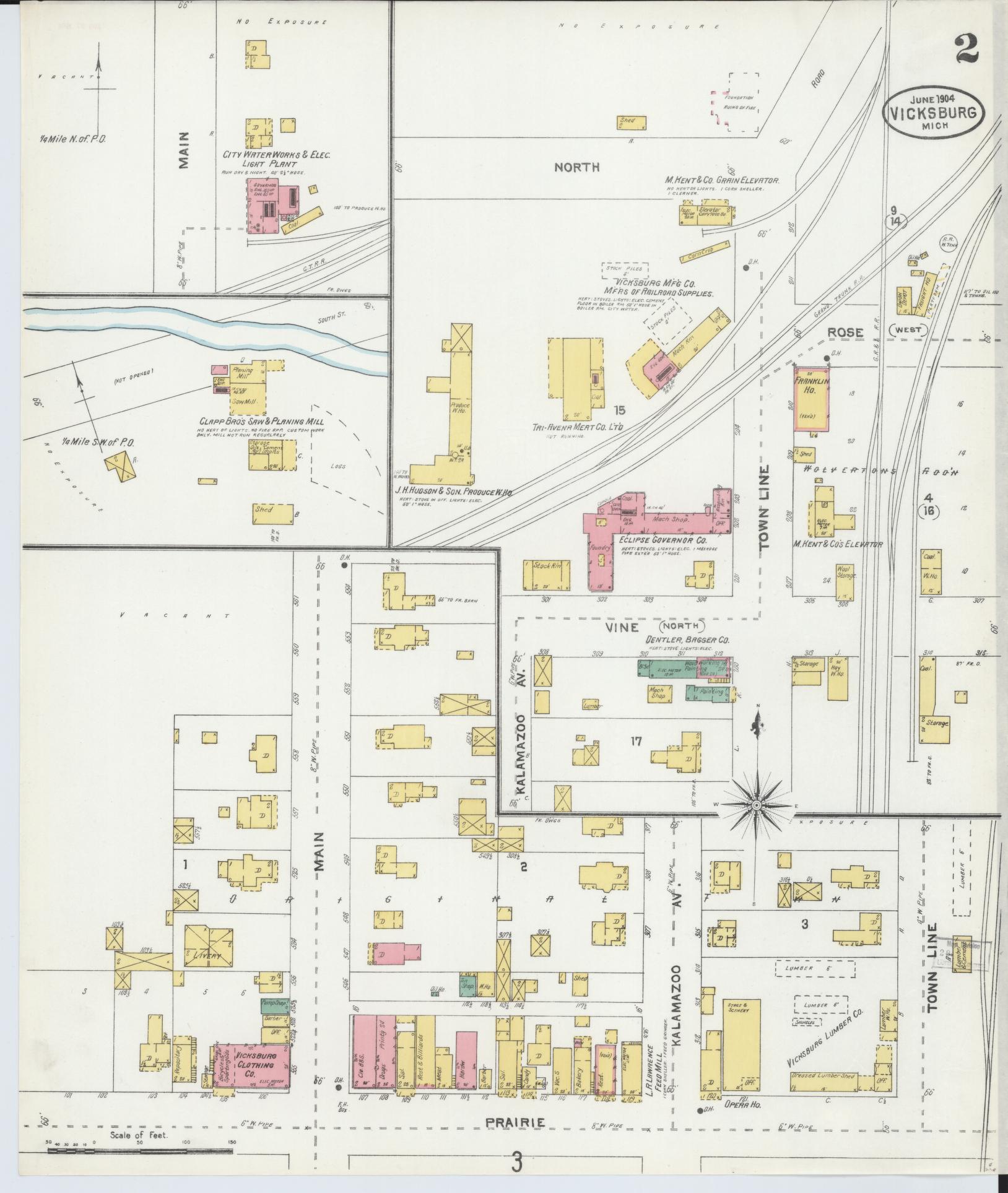Sanborn Fire Insurance Map from Vicksburg, Kalamazoo County, Michigan (1904), Sheet #0002 - Complete Map Set gallery image, historic Sanborn map, vintage wall art, Michigan Michigan