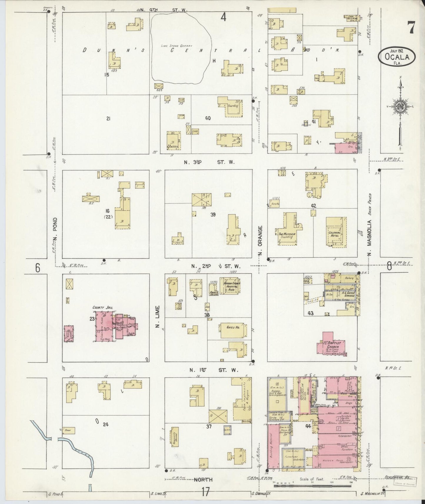 Sanborn Fire Insurance Map from Ocala, Marion County, Florida (1912), Sheet #0007 - Historic Sanborn Fire Insurance Map Print, vintage old map wall art, antique decor, genealogy gift, Florida Florida map