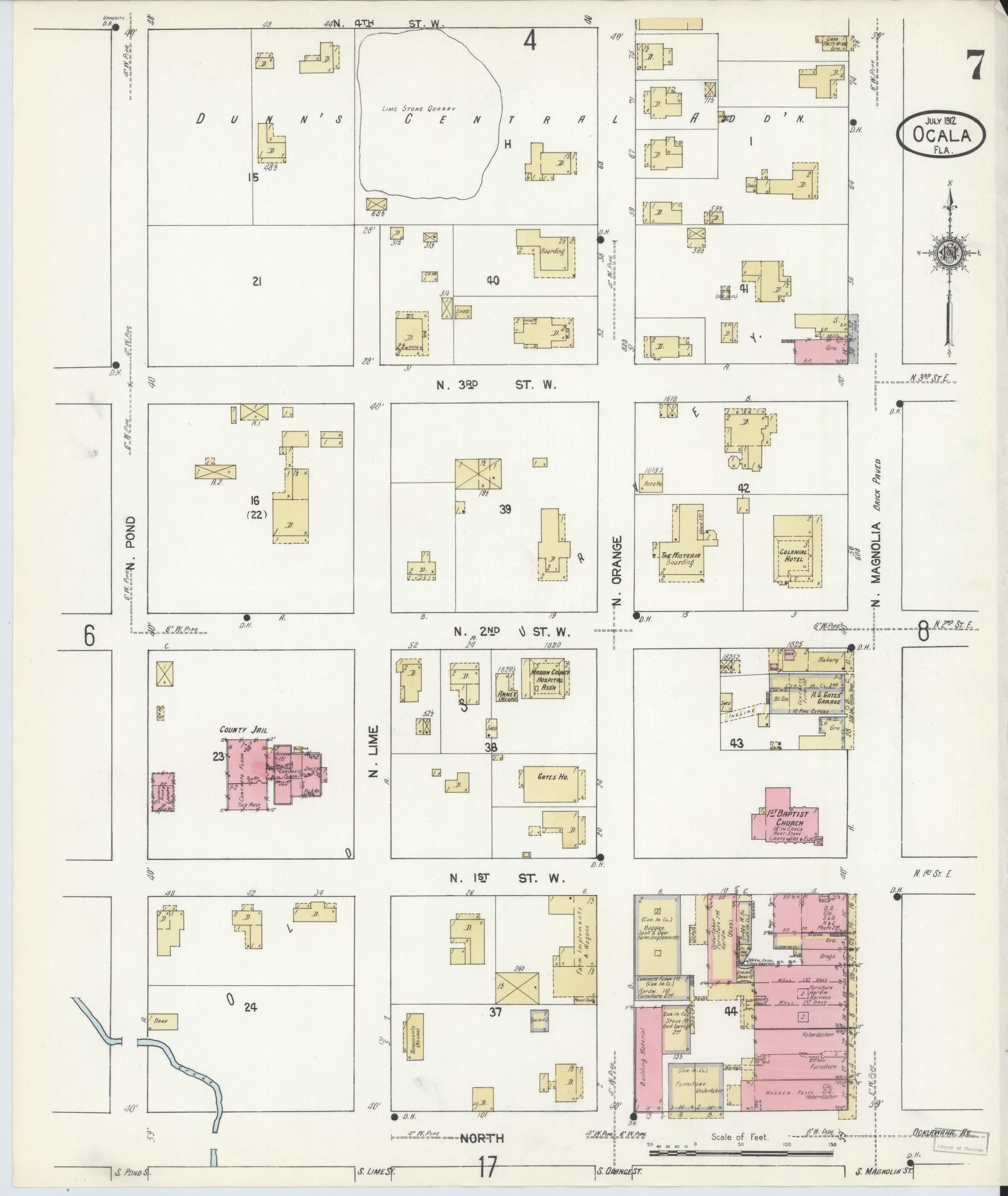 Sanborn Fire Insurance Map from Ocala, Marion County, Florida (1912), Sheet #0007 - Historic Sanborn Fire Insurance Map Print, vintage old map wall art, antique decor, genealogy gift, Florida Florida map