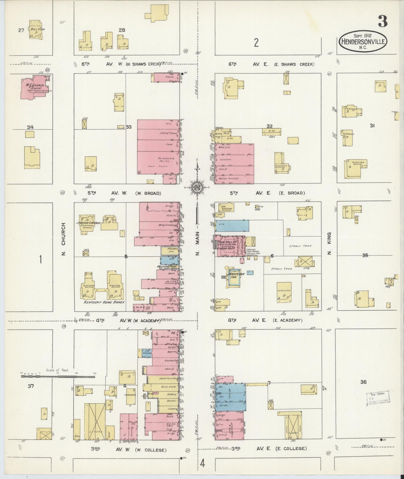 Sanborn Fire Insurance Map from Hendersonville, Henderson County, North Carolina (1912), Sheet #0003 - Historic Sanborn Fire Insurance Map Print, vintage old map wall art, antique decor, genealogy gift, North Carolina North Carolina map