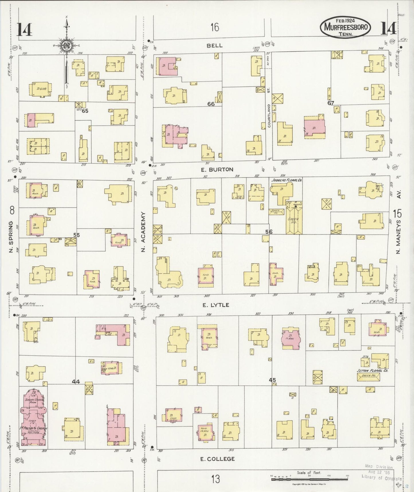 Sanborn Fire Insurance Map from Murfreesboro, Rutherford County, Tennessee (1924), Sheet #0014 - Historic Sanborn Fire Insurance Map Print, vintage old map wall art, antique decor, genealogy gift, Tennessee Tennessee map