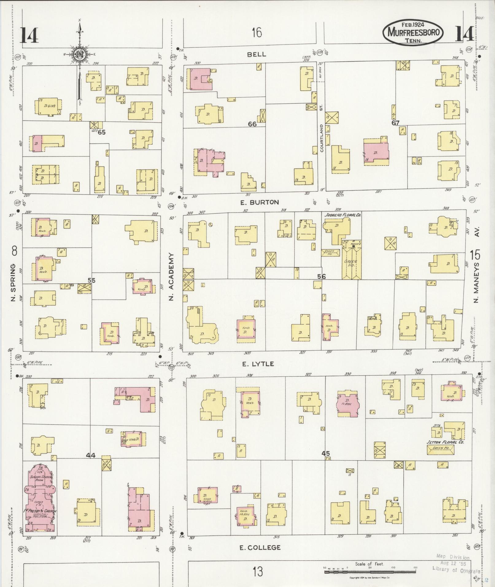 Sanborn Fire Insurance Map from Murfreesboro, Rutherford County, Tennessee (1924), Sheet #0014 - Historic Sanborn Fire Insurance Map Print, vintage old map wall art, antique decor, genealogy gift, Tennessee Tennessee map
