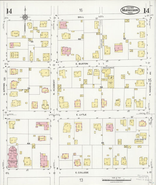 Sanborn Fire Insurance Map from Murfreesboro, Rutherford County, Tennessee (1924), Sheet #0014 - Historic Sanborn Fire Insurance Map Print, vintage old map wall art, antique decor, genealogy gift, Tennessee Tennessee map