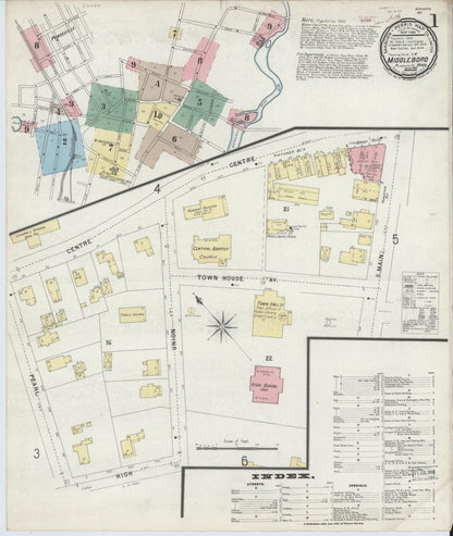 Sanborn Fire Insurance Map from Middleboro, Plymouth County, Massachusetts (1896), Sheet #0001 - Complete Map Set gallery image, historic Sanborn map, vintage wall art, Massachusetts Massachusetts