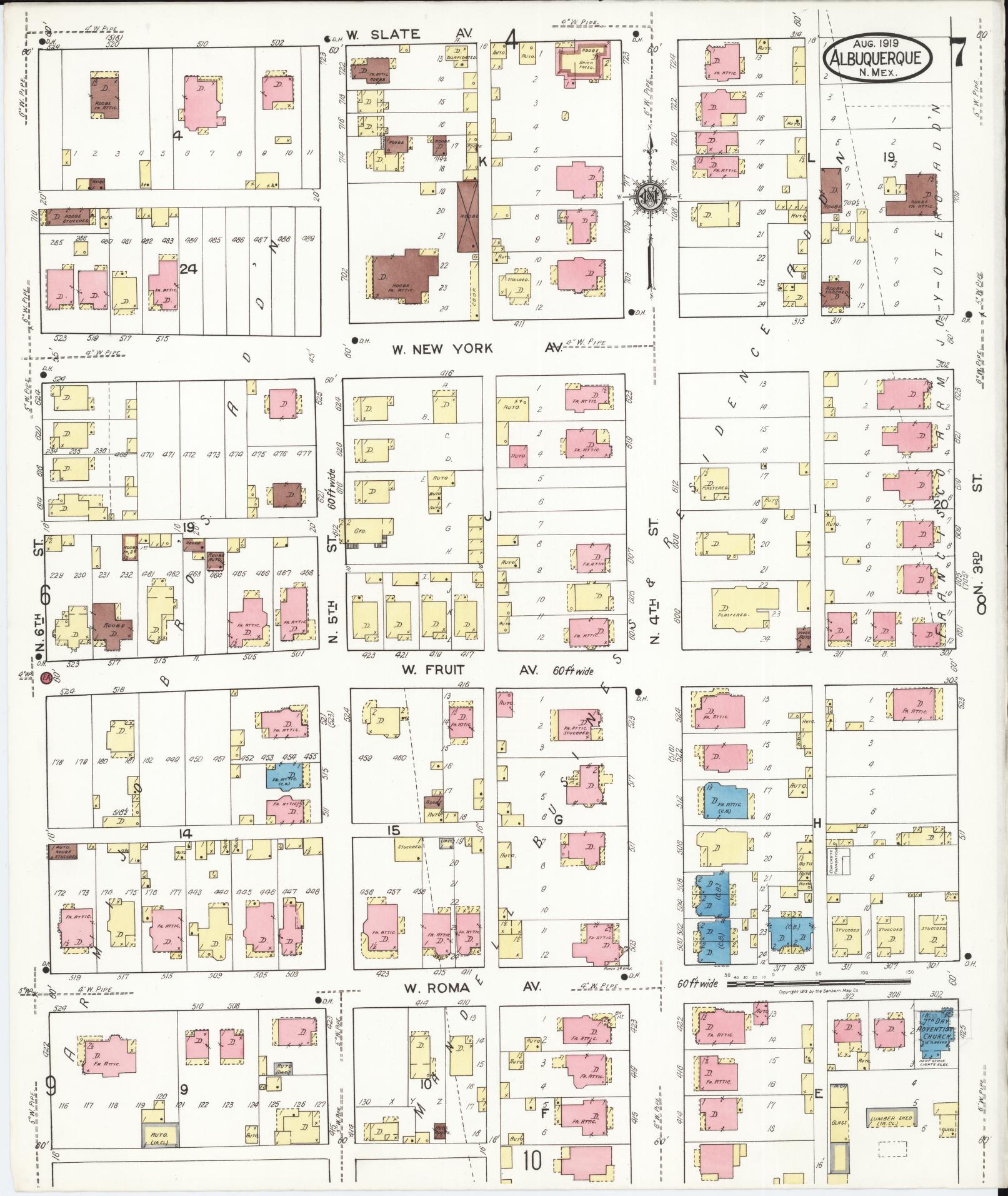 Sanborn Fire Insurance Map from Albuquerque, Bernalillo County, New Mexico (1919), Sheet #0007 - Historic Sanborn Fire Insurance Map Print, vintage old map wall art, antique decor, genealogy gift, New Mexico New Mexico map