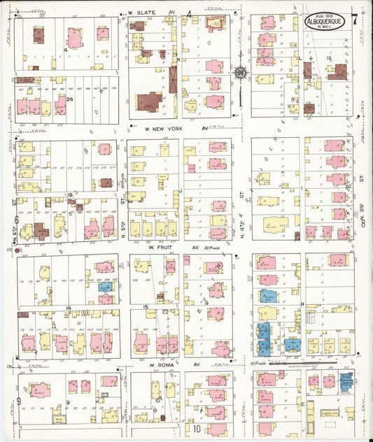 Sanborn Fire Insurance Map from Albuquerque, Bernalillo County, New Mexico (1919), Sheet #0007 - Historic Sanborn Fire Insurance Map Print, vintage old map wall art, antique decor, genealogy gift, New Mexico New Mexico map