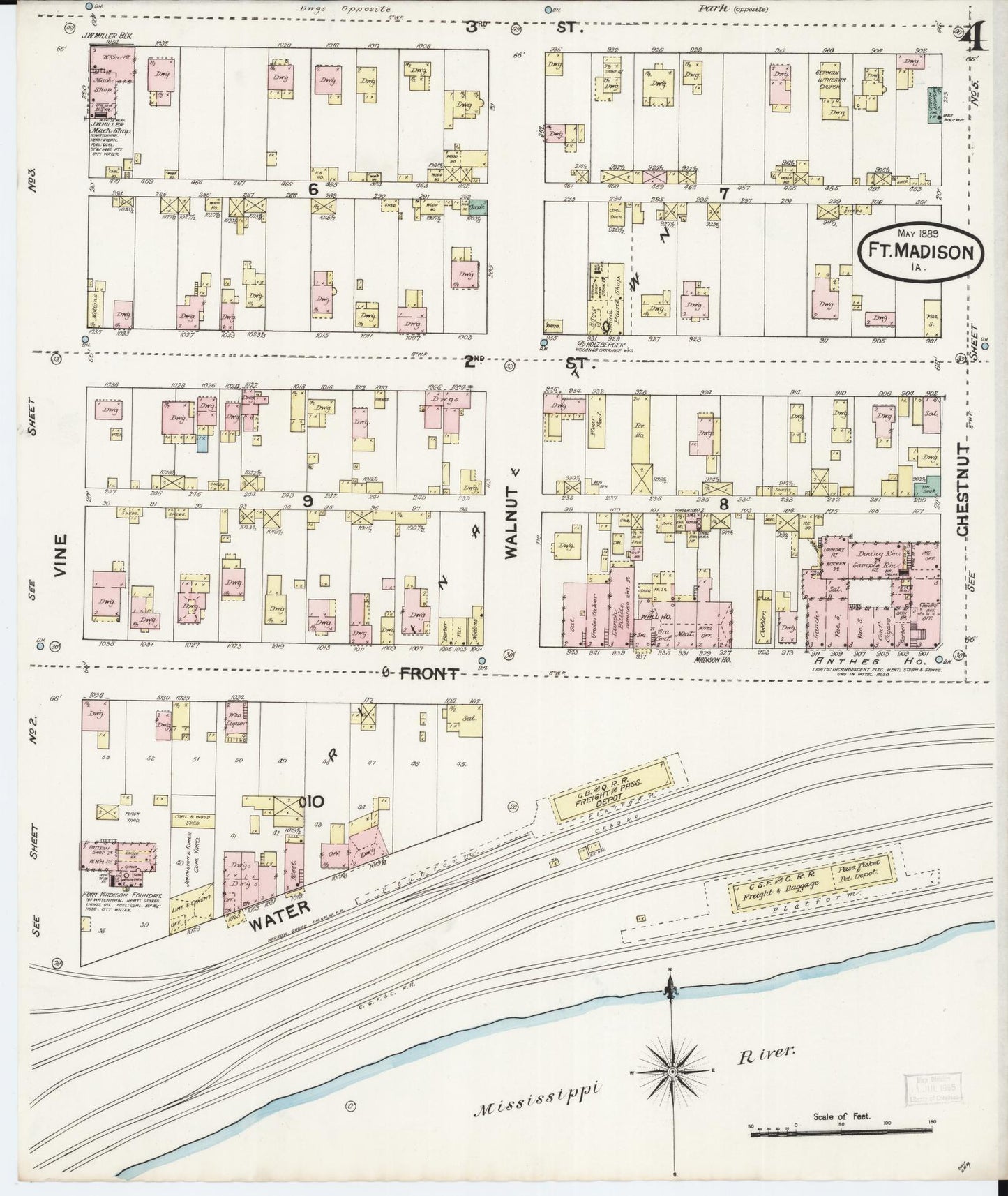 Sanborn Fire Insurance Map from Fort Madison, Lee County, Iowa (1889), Sheet #0004 - Historic Sanborn Fire Insurance Map Print, vintage old map wall art