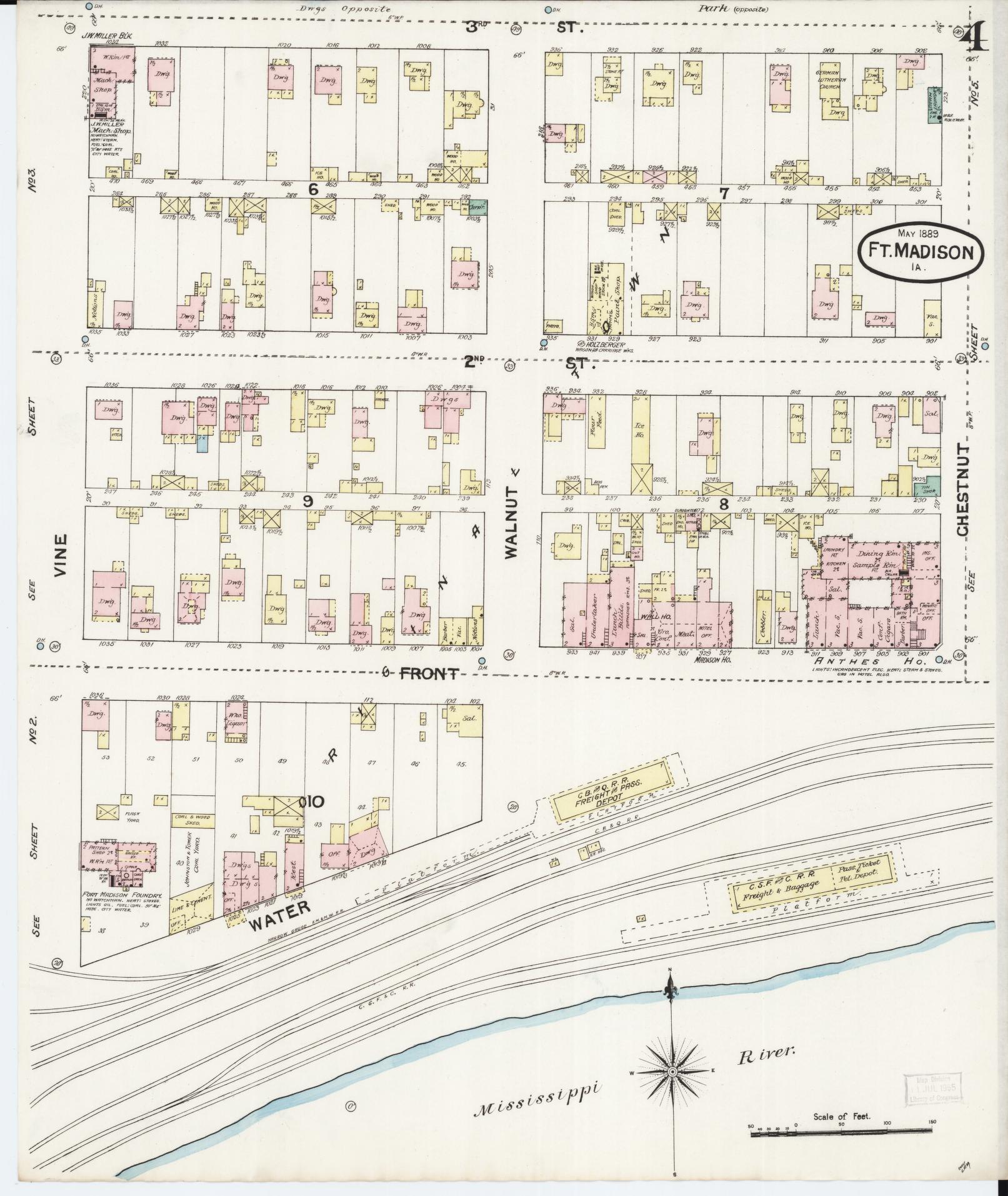 Sanborn Fire Insurance Map from Fort Madison, Lee County, Iowa (1889), Sheet #0004 - Historic Sanborn Fire Insurance Map Print, vintage old map wall art