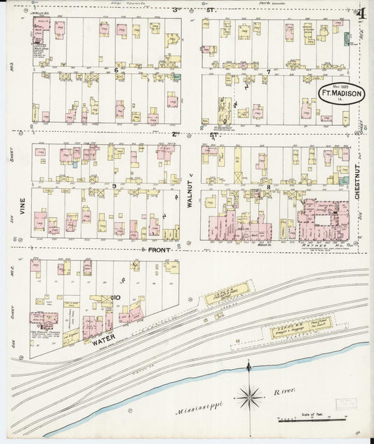 Sanborn Fire Insurance Map from Fort Madison, Lee County, Iowa (1889), Sheet #0004 - Historic Sanborn Fire Insurance Map Print, vintage old map wall art