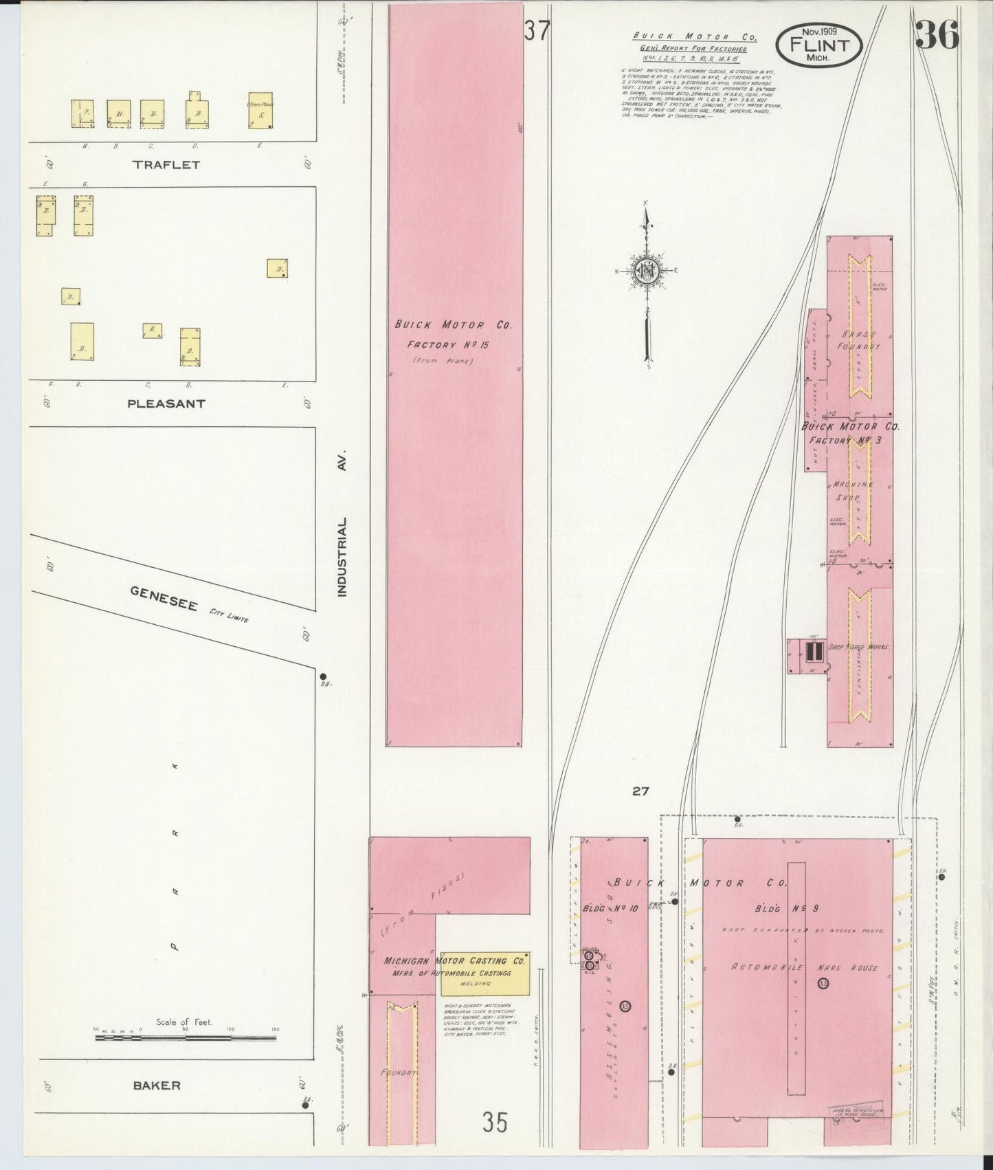 Sanborn Fire Insurance Map from Flint, Genesee County, Michigan (1909), Sheet #0036 - Historic Sanborn Fire Insurance Map Print, vintage old map wall art, antique decor, genealogy gift, Michigan Michigan map