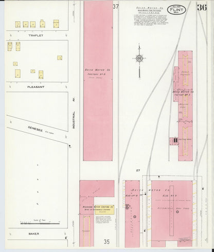Sanborn Fire Insurance Map from Flint, Genesee County, Michigan (1909), Sheet #0036 - Historic Sanborn Fire Insurance Map Print, vintage old map wall art, antique decor, genealogy gift, Michigan Michigan map