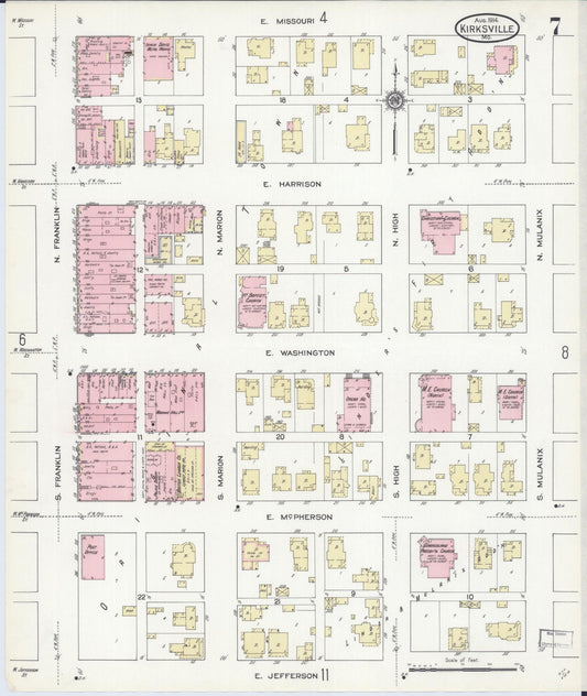 Sanborn Fire Insurance Map from Kirksville, Adair County, Missouri (1914), Sheet #0007 - Historic Sanborn Fire Insurance Map Print, vintage old map wall art, antique decor, genealogy gift, Missouri Missouri map