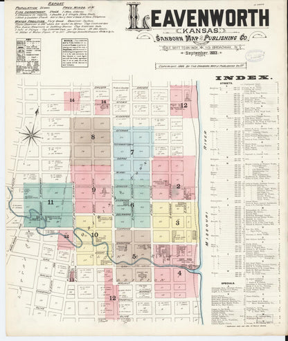 Sanborn Fire Insurance Map from Leavenworth, Leavenworth County, Kansas (1883), Sheet #0001 - Complete Map Set gallery image, historic Sanborn map, vintage wall art, Kansas Kansas
