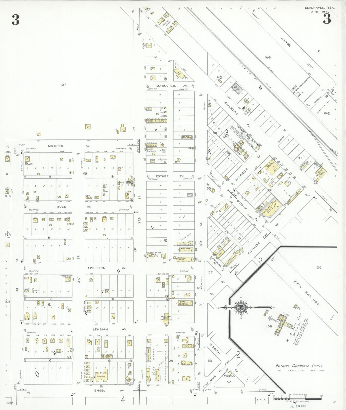 Sanborn Fire Insurance Map from Seagraves, Gaines County, Texas (1940), Sheet #0003 - Complete Map Set gallery image, historic Sanborn map, vintage wall art, Texas Texas