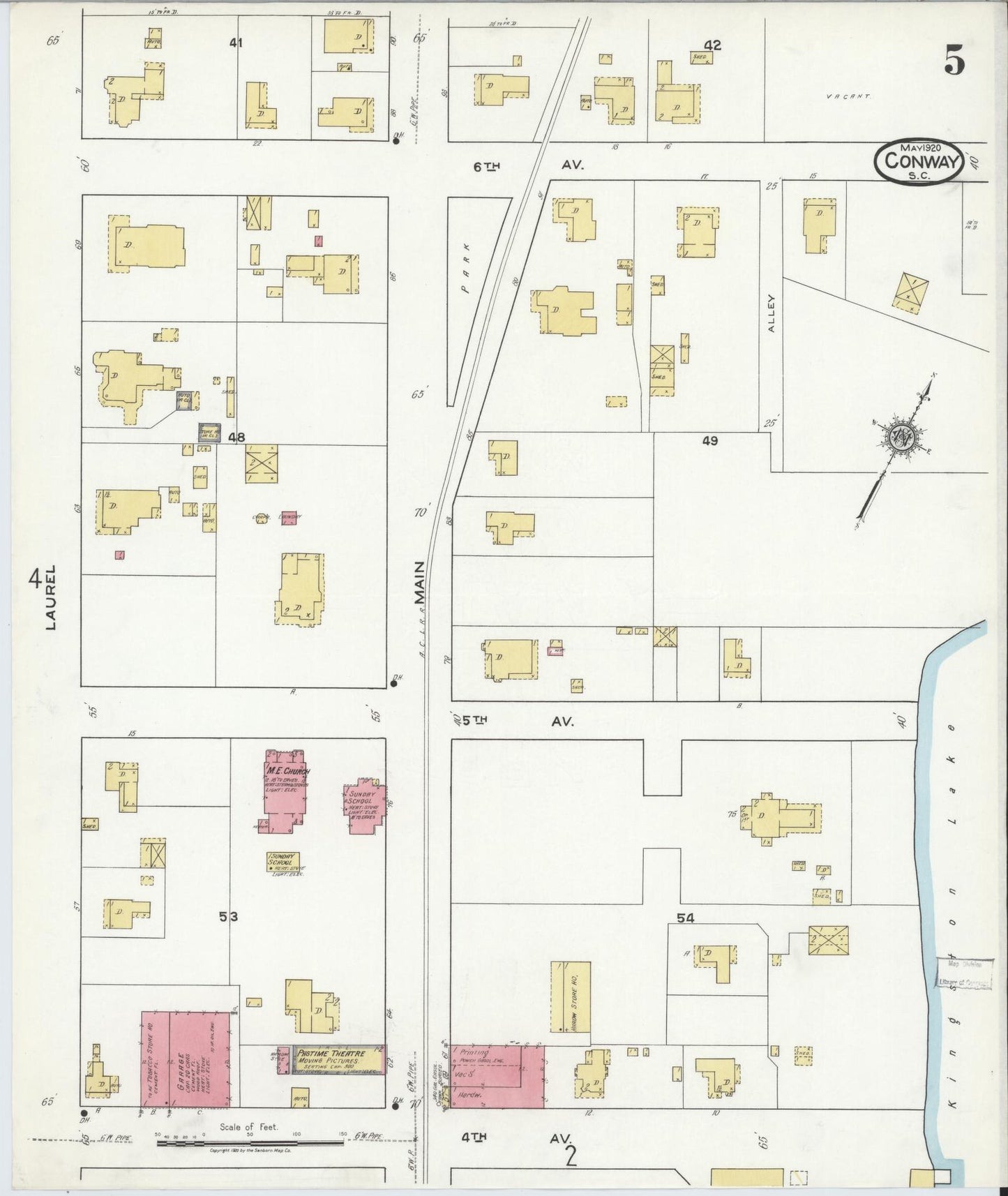 Sanborn Fire Insurance Map from Conway, Horry County, South Carolina (1920), Sheet #0005 - Complete Map Set gallery image, historic Sanborn map, vintage wall art, South Carolina South Carolina