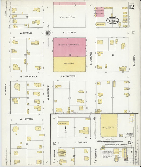 Sanborn Fire Insurance Map from Terrell, Kaufman County, Texas (1921), Sheet #0012 - Historic Sanborn Fire Insurance Map Print, vintage old map wall art, antique decor, genealogy gift, Texas Texas map