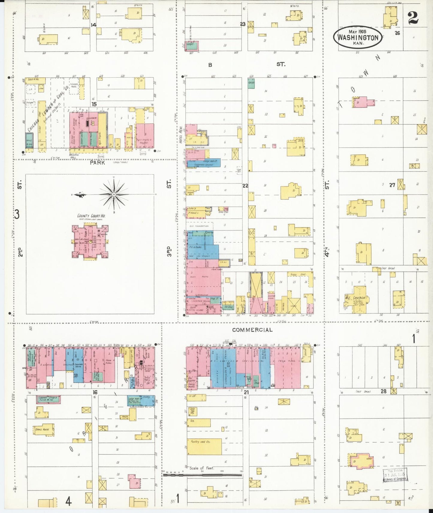 Sanborn Fire Insurance Map from Washington, Washington County, Kansas (1905), Sheet #0002 - Historic Sanborn Fire Insurance Map Print, vintage old map wall art, antique decor, genealogy gift, Sanborn Fire Insurance Map from Washington Washington map