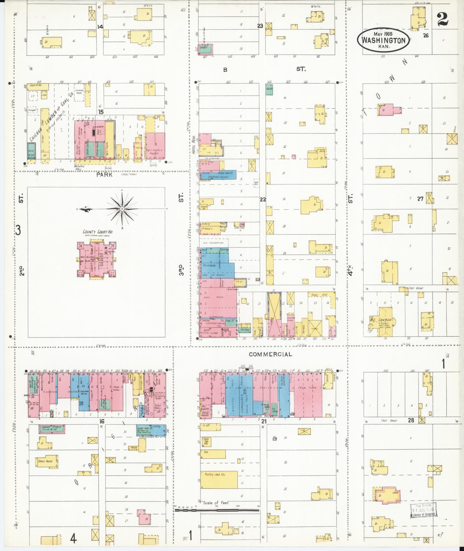 Sanborn Fire Insurance Map from Washington, Washington County, Kansas (1905), Sheet #0002 - Historic Sanborn Fire Insurance Map Print, vintage old map wall art, antique decor, genealogy gift, Sanborn Fire Insurance Map from Washington Washington map