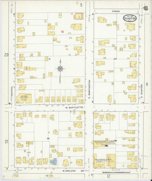 Sanborn Fire Insurance Map from Sumter, Sumter County, South Carolina (1915), Sheet #0008 - Historic Sanborn Fire Insurance Map Print, vintage old map wall art, antique decor, genealogy gift, South Carolina South Carolina map