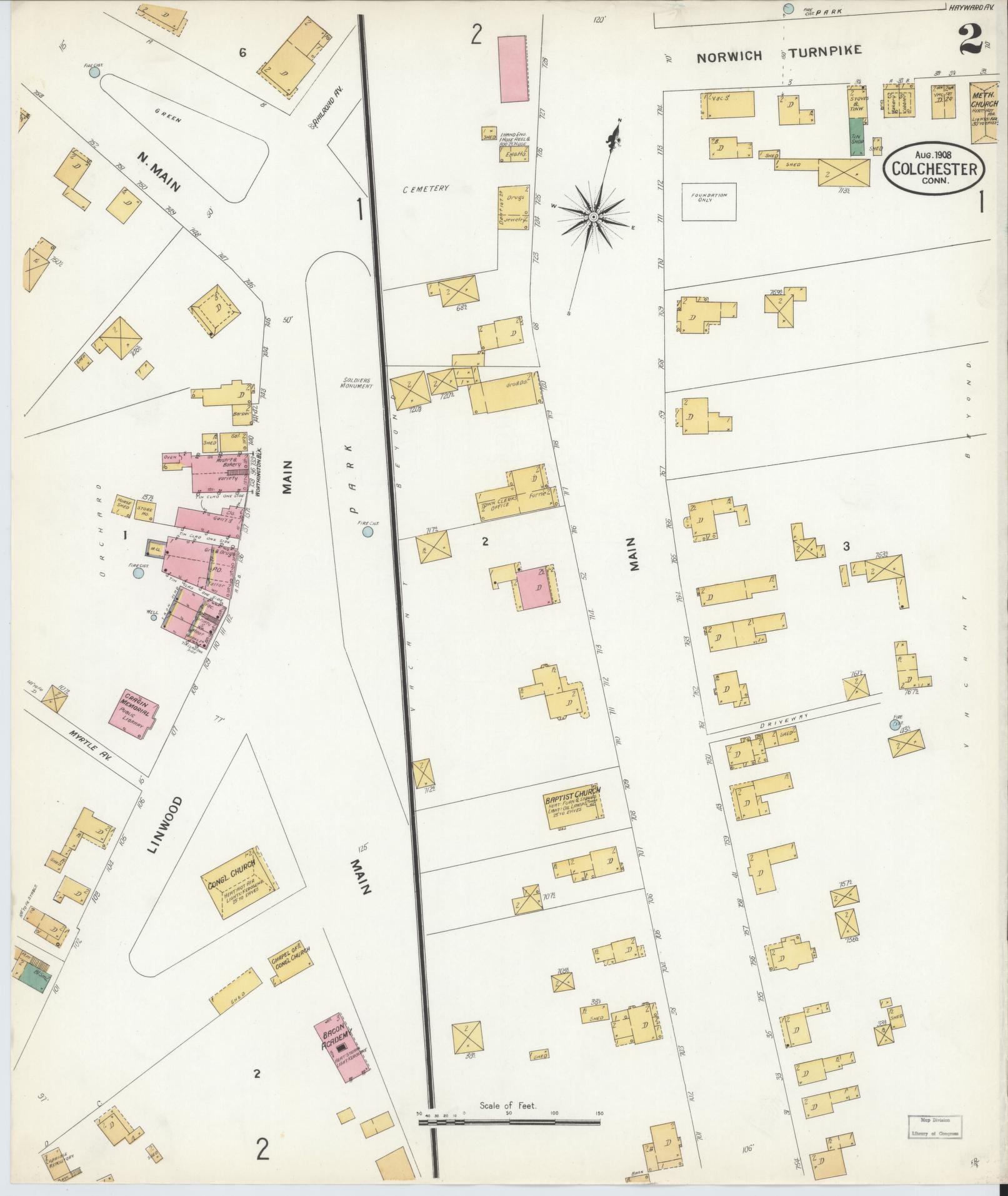 Sanborn Fire Insurance Map from Colchester, New London County, Connecticut (1908), Sheet #0002 - Complete Map Set gallery image, historic Sanborn map, vintage wall art, Connecticut Connecticut