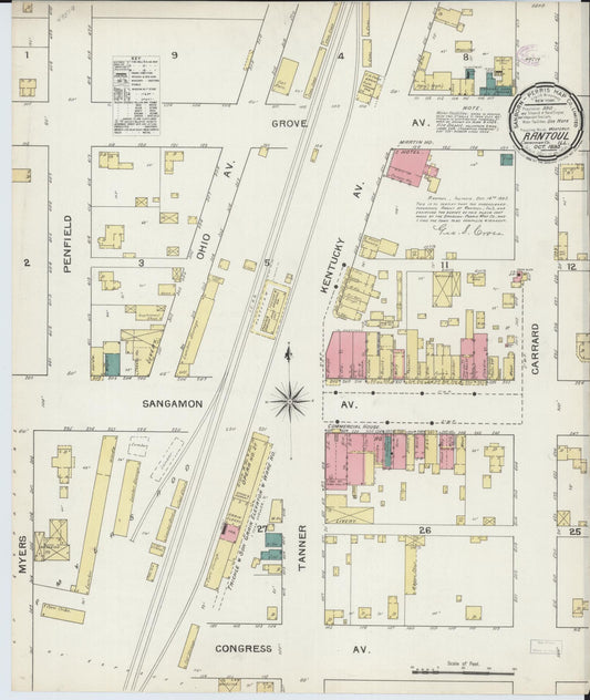 Sanborn Fire Insurance Map from Rantoul, Champaign County, Illinois (1893), Sheet #0001 - Historic Sanborn Fire Insurance Map Print, vintage old map wall art, antique decor, genealogy gift, Illinois Illinois map