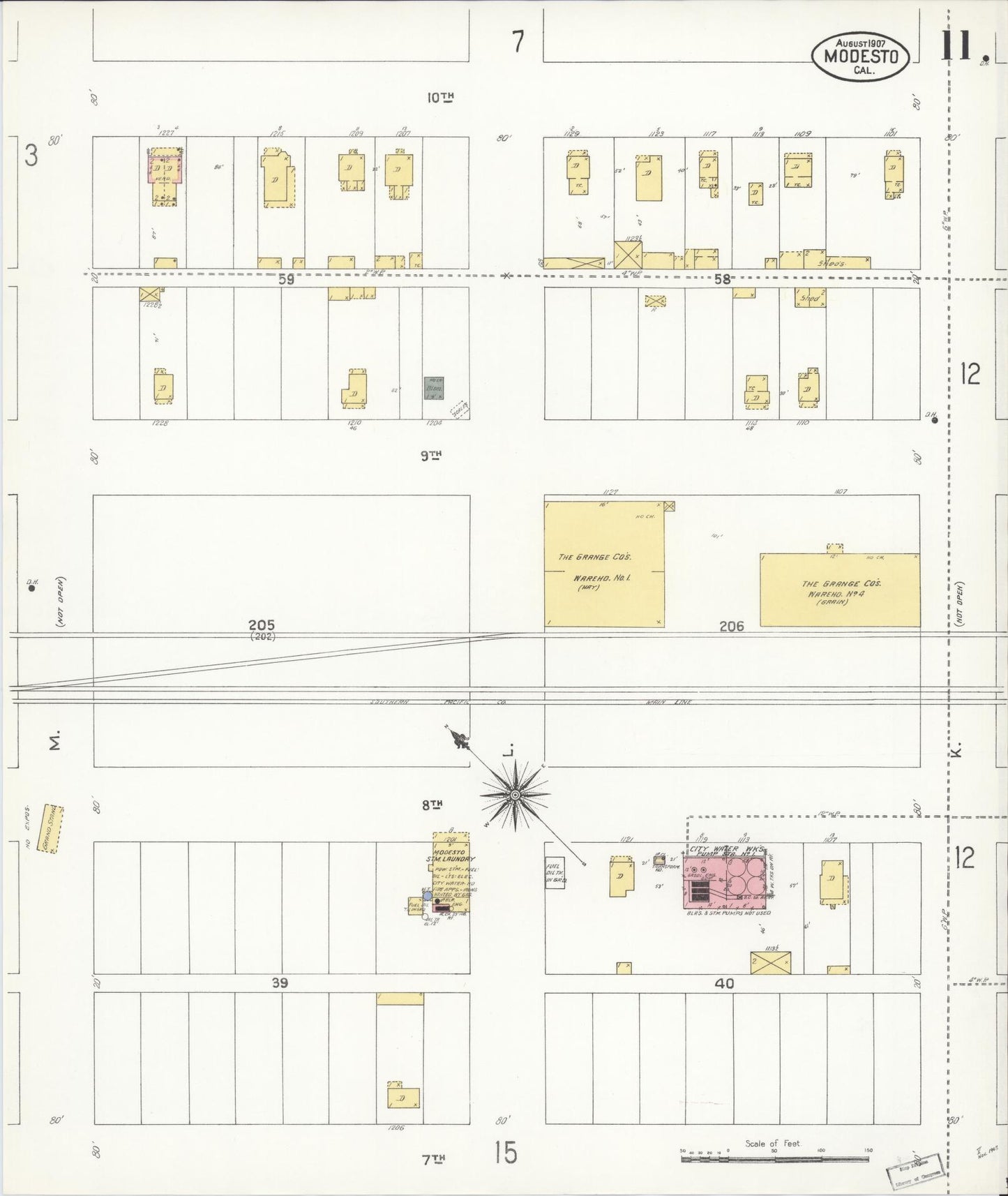 Sanborn Fire Insurance Map from Modesto, Stanislaus County, California (1907), Sheet #0011 - Complete Map Set gallery image, historic Sanborn map, vintage wall art, California California