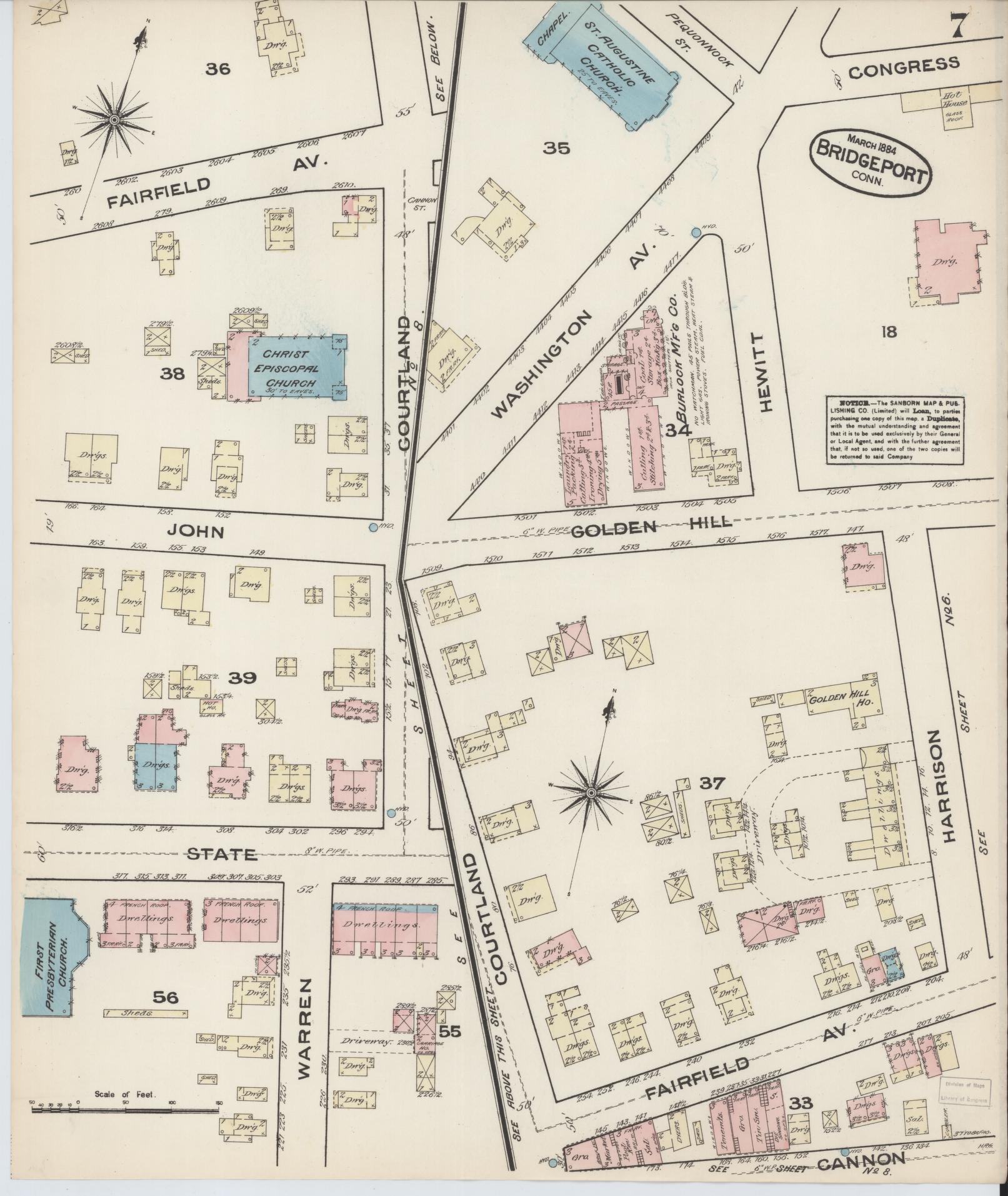 Sanborn Fire Insurance Map from Bridgeport, Fairfield County, Connecticut (1884), Sheet #0007 - Complete Map Set gallery image, historic Sanborn map, vintage wall art, Connecticut Connecticut