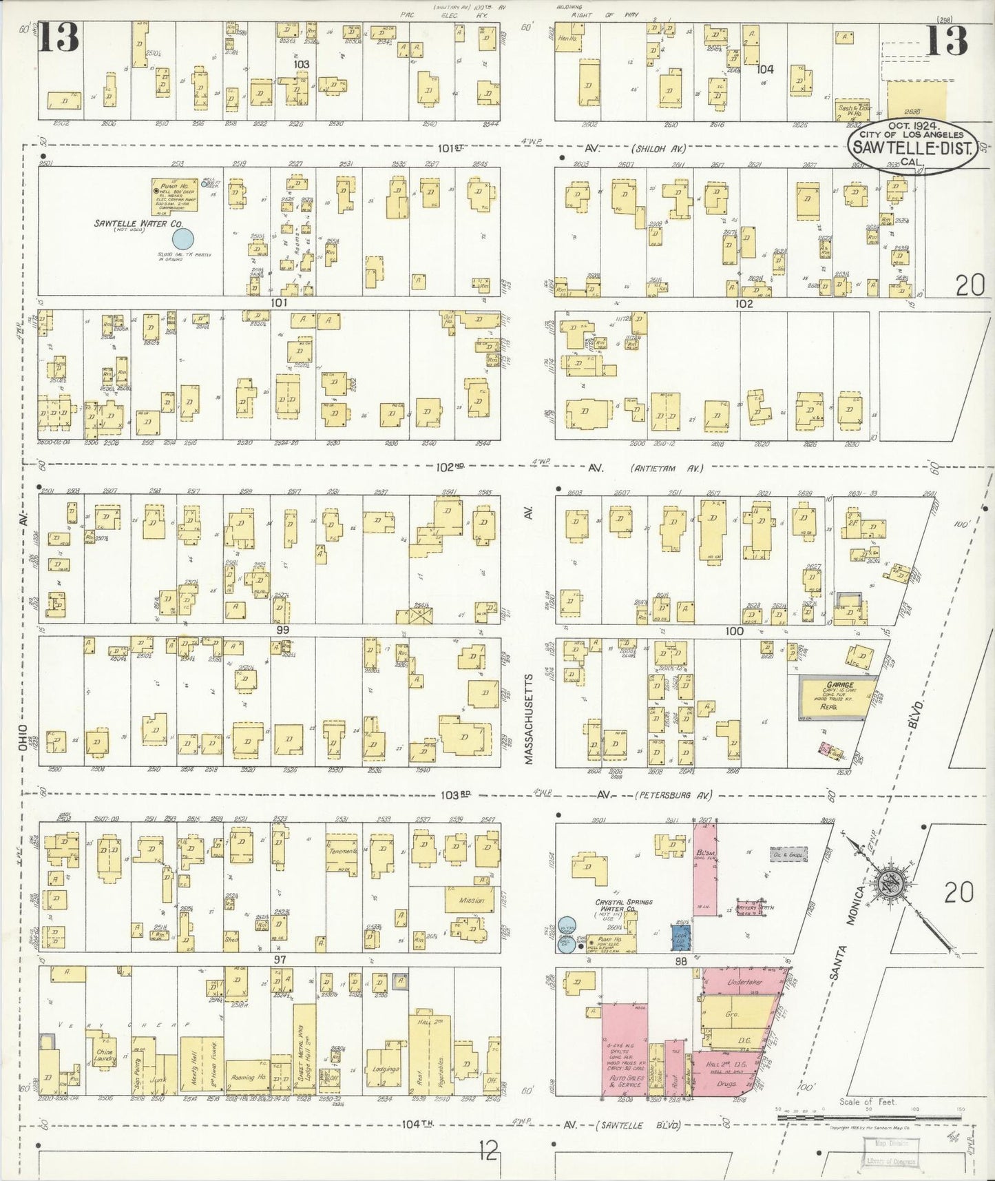 Sanborn Fire Insurance Map from Sawtelle, Los Angeles County, California (1924), Sheet #0013 - Complete Map Set gallery image, historic Sanborn map, vintage wall art, California California