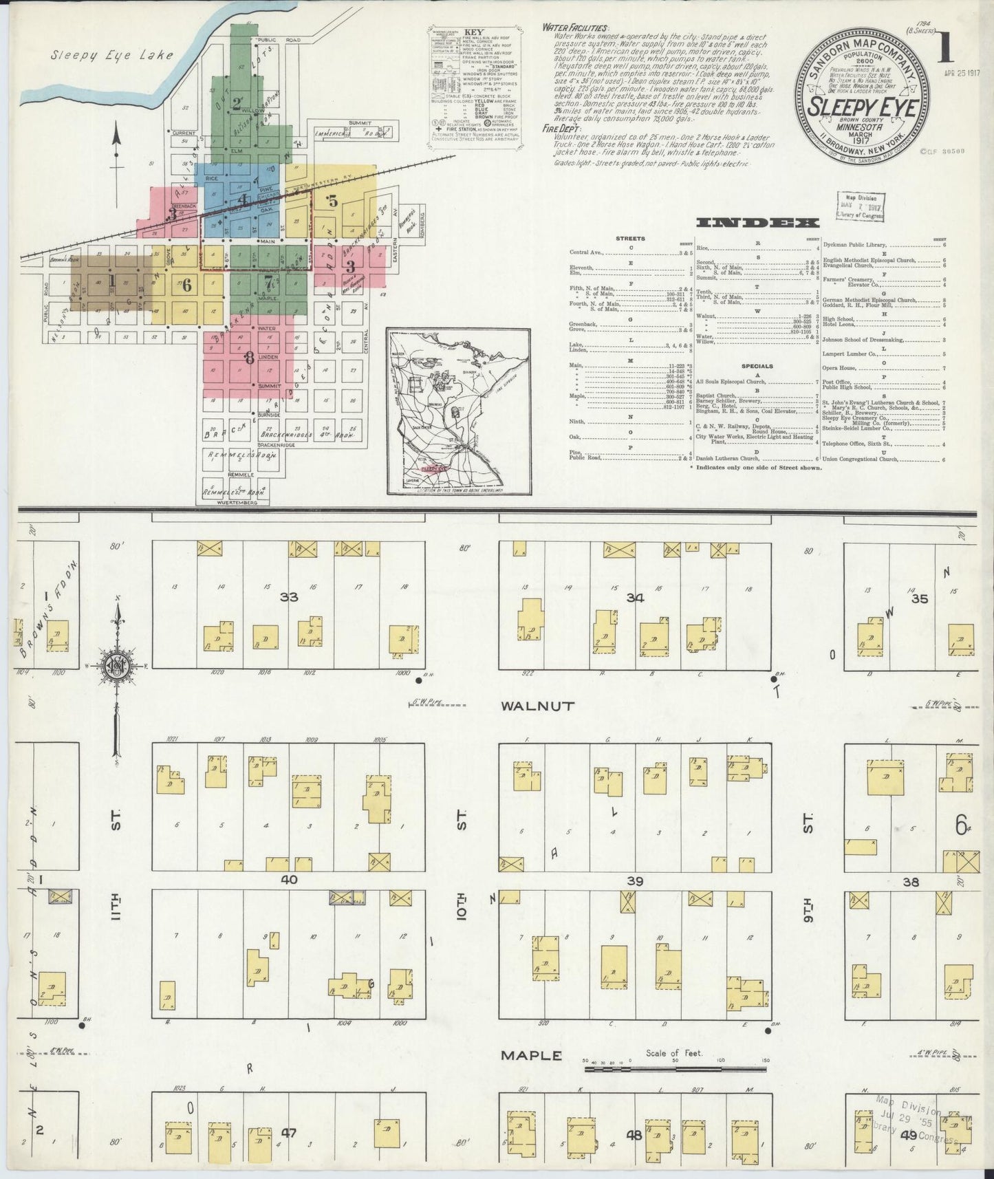 Sanborn Fire Insurance Map from Sleepy Eye, Brown County, Minnesota (1917), Sheet #0001 - Complete Map Set gallery image, historic Sanborn map, vintage wall art, Minnesota Minnesota