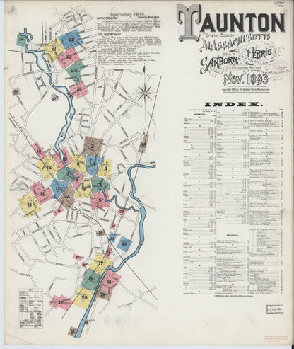 Sanborn Fire Insurance Map from Taunton, Bristol County, Massachusetts (1893), Sheet #0001 - Historic Sanborn Fire Insurance Map Print, vintage old map wall art, antique decor, genealogy gift, Massachusetts Massachusetts map