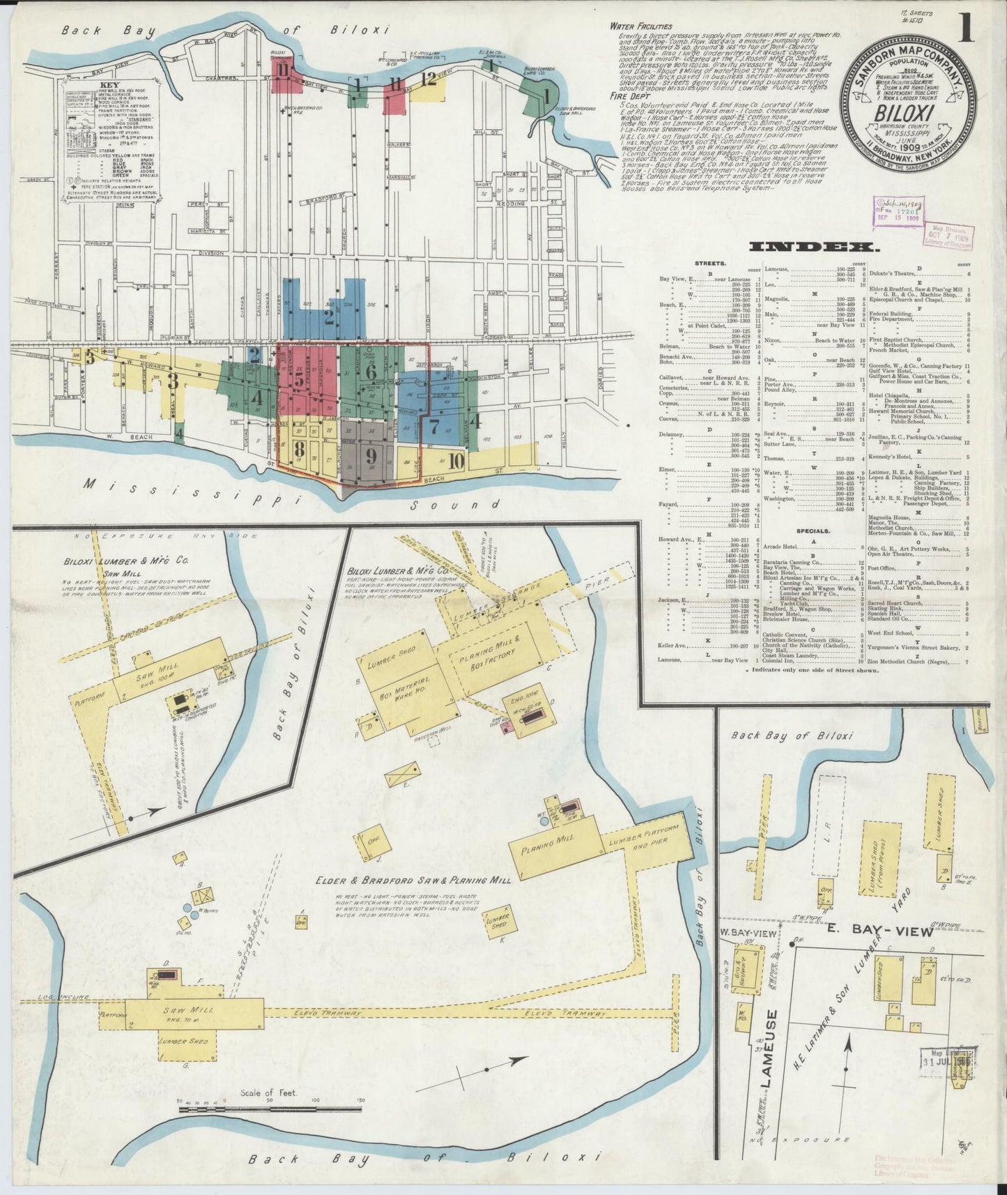 Sanborn Fire Insurance Map from Biloxi, Harrison County, Mississippi (1909), Sheet #0001 - Historic Sanborn Fire Insurance Map Print, vintage old map wall art, antique decor, genealogy gift, Mississippi Mississippi map