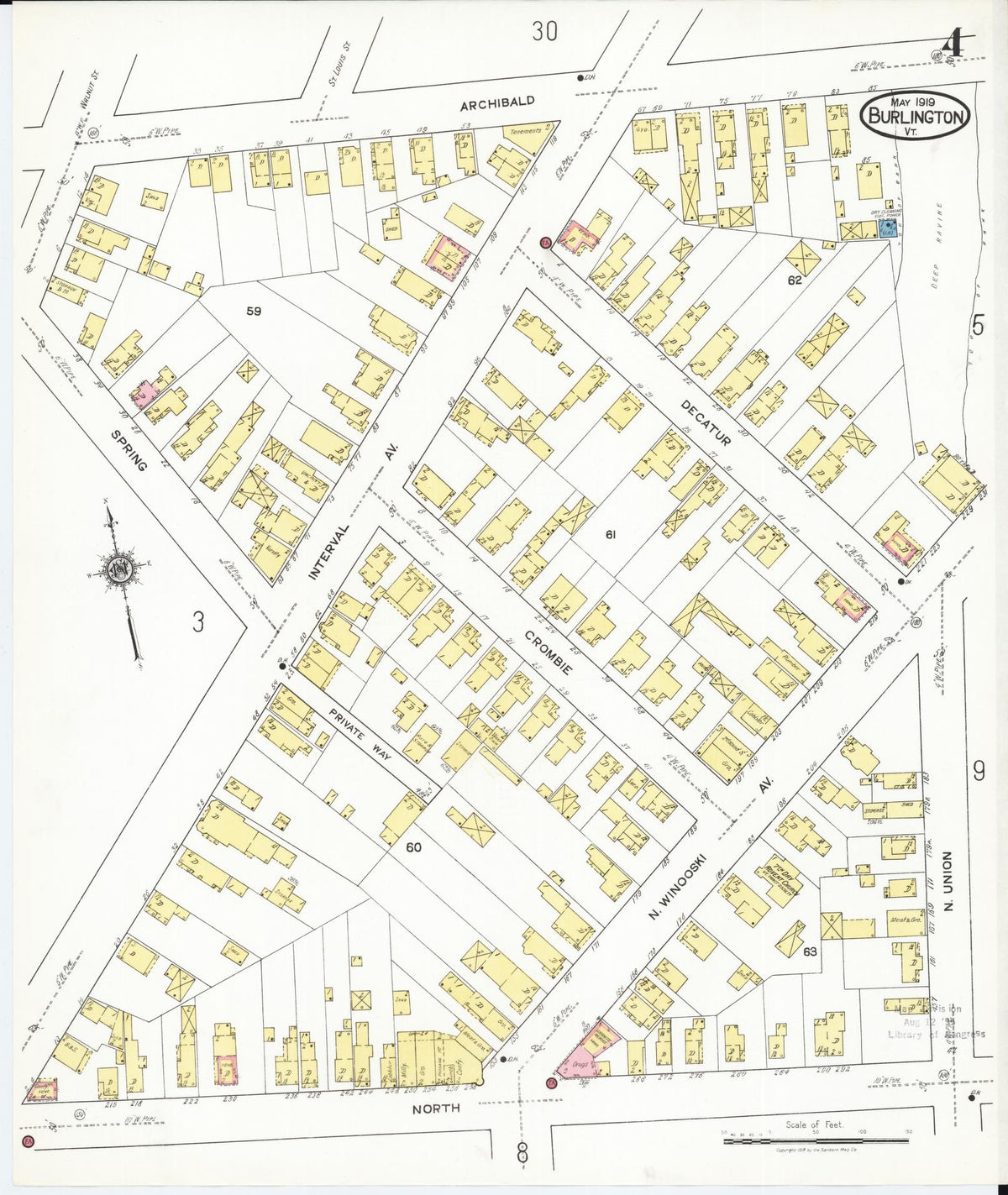 Sanborn Fire Insurance Map from Burlington, Chittenden County, Vermont (1919), Sheet #0004 - Historic Sanborn Fire Insurance Map Print, vintage old map wall art, antique decor, genealogy gift, Vermont Vermont map