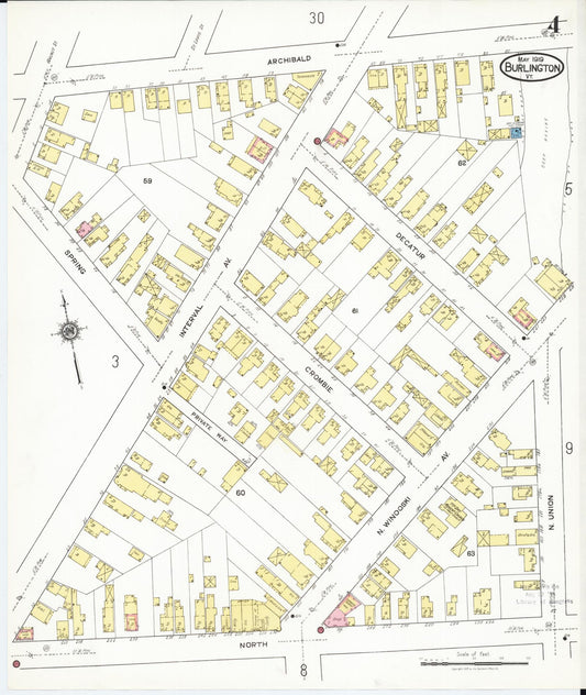 Sanborn Fire Insurance Map from Burlington, Chittenden County, Vermont (1919), Sheet #0004 - Historic Sanborn Fire Insurance Map Print, vintage old map wall art, antique decor, genealogy gift, Vermont Vermont map