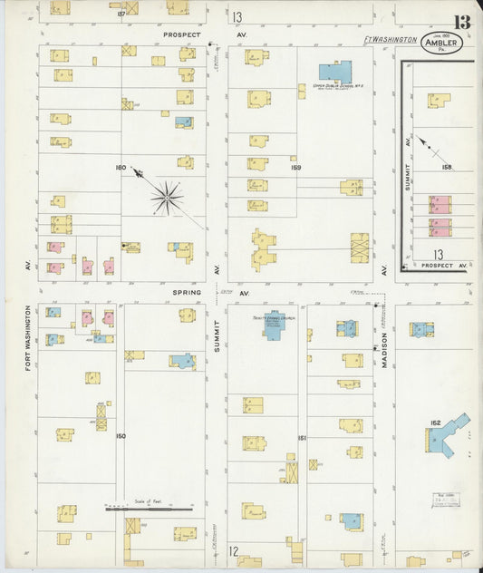 Sanborn Fire Insurance Map from Ambler, Montgomery County, Pennsylvania (1909), Sheet #0013 - Historic Sanborn Fire Insurance Map Print, vintage old map wall art, antique decor, genealogy gift, Pennsylvania Pennsylvania map