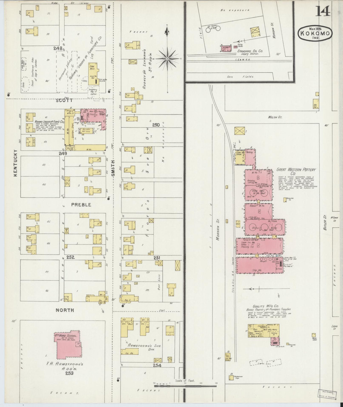 Sanborn Fire Insurance Map from Kokomo, Howard County, Indiana (1896), Sheet #0014 - Historic Sanborn Fire Insurance Map Print, vintage old map wall art, antique decor, genealogy gift, Indiana Indiana map