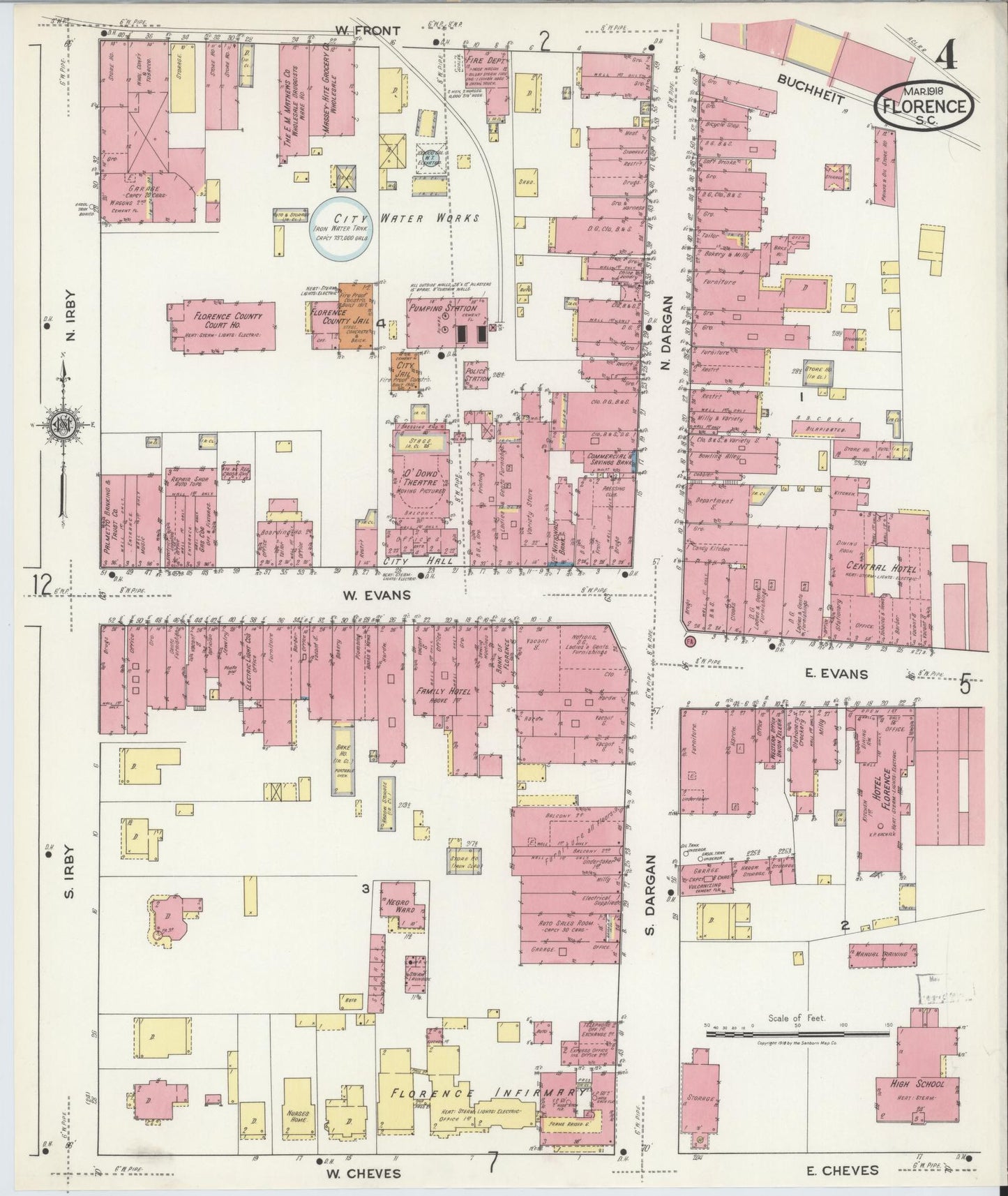 Sanborn Fire Insurance Map from Florence, Florence County, South Carolina (1918), Sheet #0004 - Complete Map Set gallery image, historic Sanborn map, vintage wall art, South Carolina South Carolina