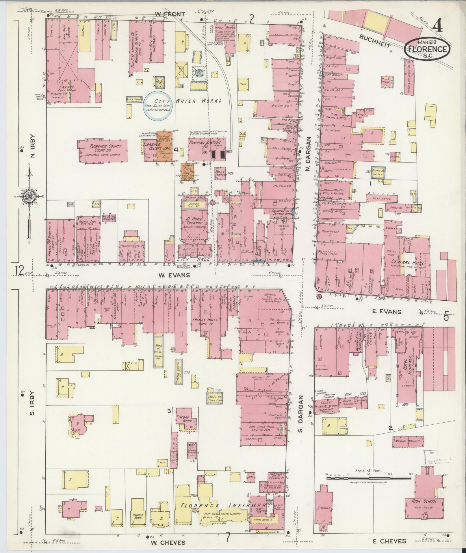 Sanborn Fire Insurance Map from Florence, Florence County, South Carolina (1918), Sheet #0004 - Complete Map Set gallery image, historic Sanborn map, vintage wall art, South Carolina South Carolina