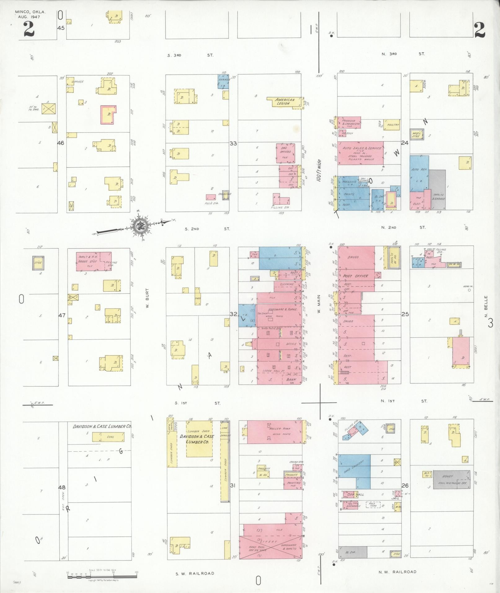 Sanborn Fire Insurance Map from Minco, Grady County, Oklahoma (1947), Sheet #0002 - Historic Sanborn Fire Insurance Map Print, vintage old map wall art, antique decor, genealogy gift, Oklahoma Oklahoma map