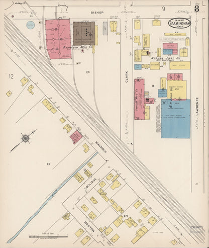Sanborn Fire Insurance Map from Framingham, Middlesex County, Massachusetts (1922), Sheet #0008 - Historic Sanborn Fire Insurance Map Print, vintage old map wall art, antique decor, genealogy gift, Massachusetts Massachusetts map